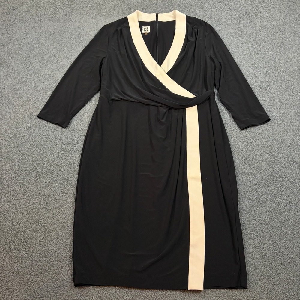 Anne Klein Dress Womens 0X Black Ivory Faux Wrap Sheath 3/4 Sleeve 702W9P2479K
